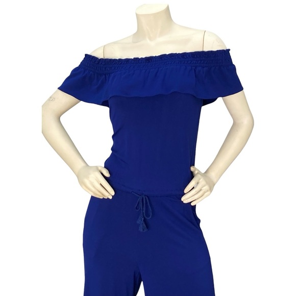 LAUREN RALPH LAUREN Royal Cobalt Blue Off Shoulder Flounce Soft Crop Jumpsuit,XS - Picture 6 of 13